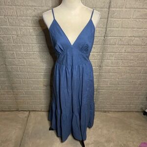 New Japna Blue‎ Linen Blend V Neck Back Tie Sleeveless Midi Dress XL
